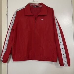 OBEY worldwide red Windbreaker full zip jacket cherry trim details size Large